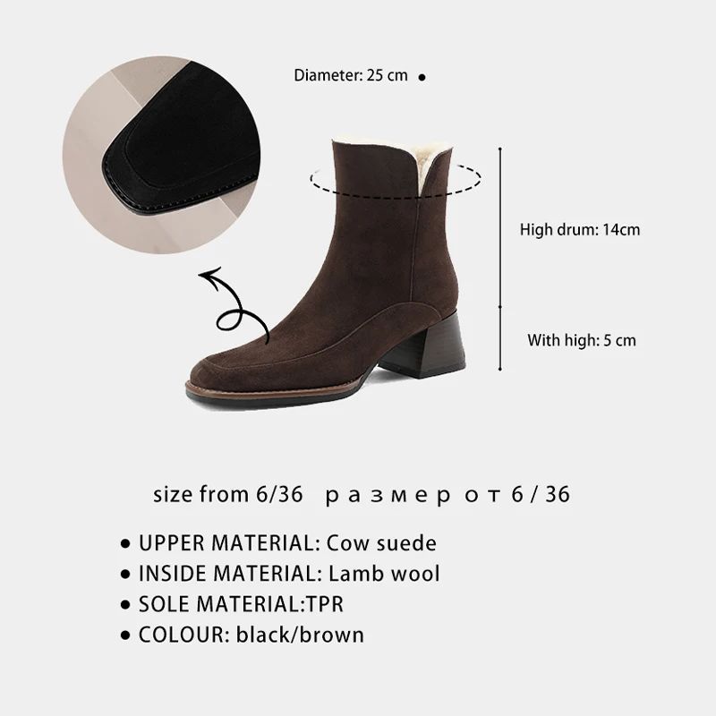 Ods Wool Cow Suede Round Toe Thick High Heels Snow Boots Fur Keep Warm Waterproof Classic Gentlewomen Zipper Ankle Boots Plus 42