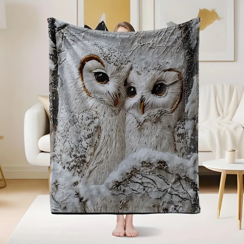 1 x weiße Eulendecke mit Schneeeulen-Aufdruck, Flanelldecke, geeignet für Betten, Sofas, Büros, Reisen, Camping