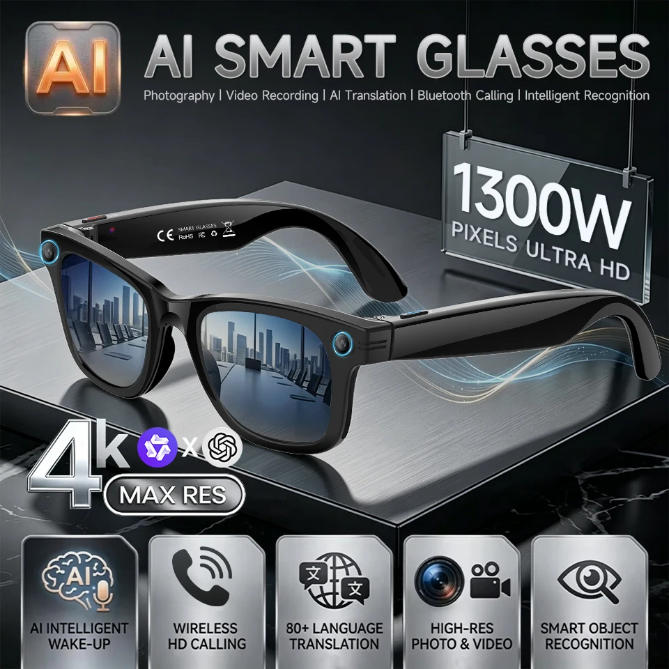 LIGE New 4K HD Smart Glasses 13MP Video Record Camera ChatGPT Bluetooth Call 88+Language Translation Music Sunglasses Men Women