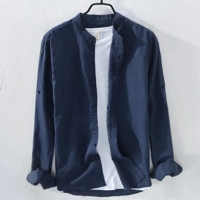 

Men's Linen Long Sve Stand Collar irt Linen Cotton Outerwear Top Coat Spring Autumn Seasonal Stand Fit Chinese Brand