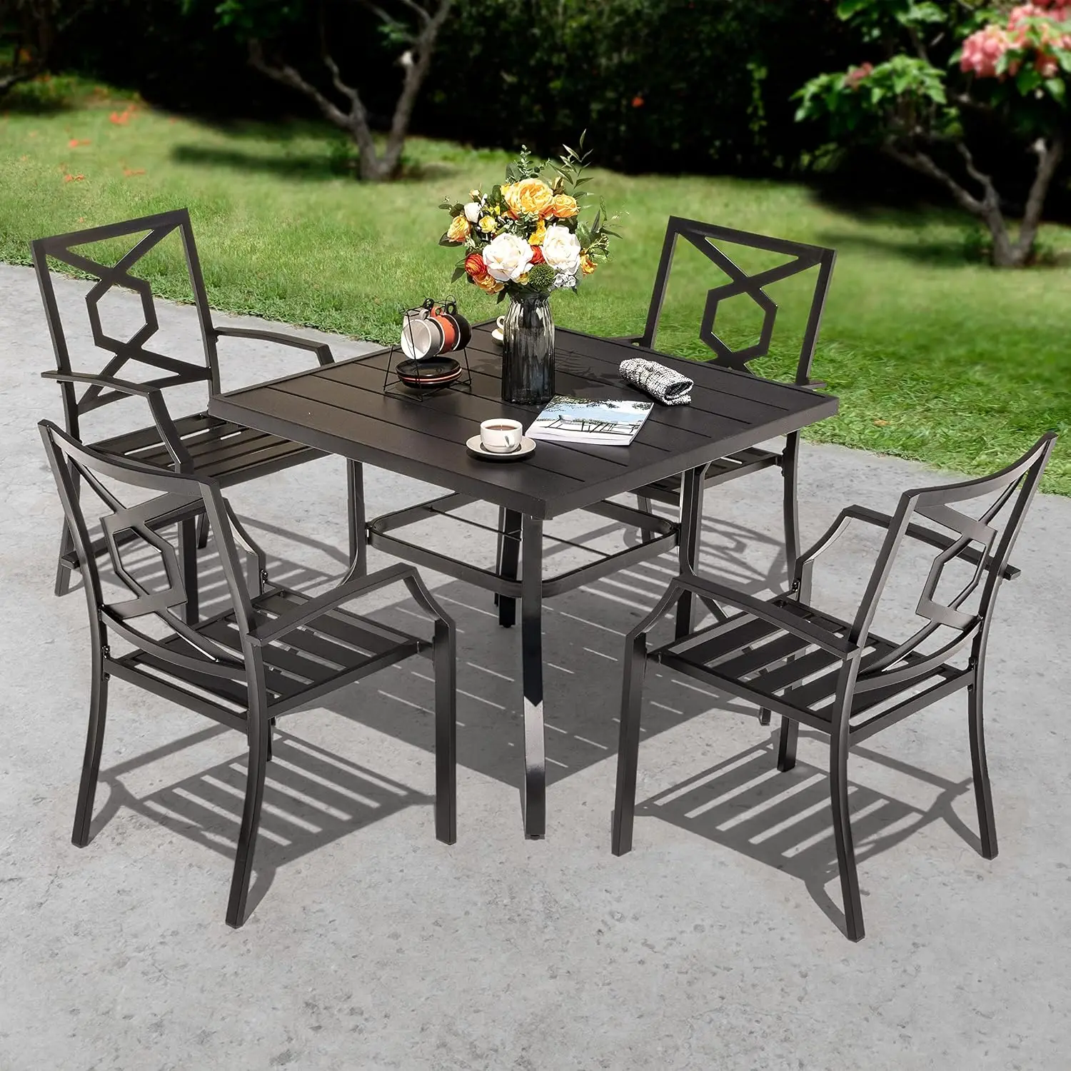 5-Piece Outdoor Dining Set 4 Iron Chairs 37 Inch Square Table 1.57'' Umbrella Hole Patio Garden Backyard, Customized