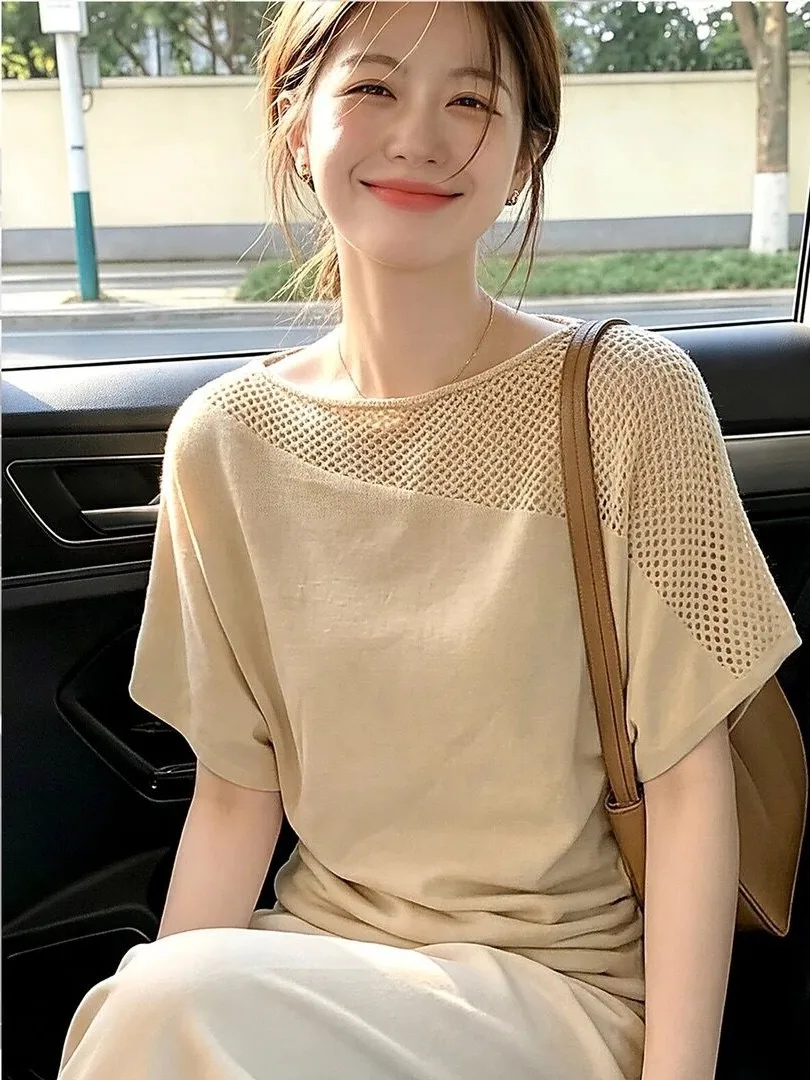 Elegant Hollow out Shoulder Knitted Short Sleeve T-Shirt Women's Summer Design Slimming City Walk Top French Style Universal Fit
