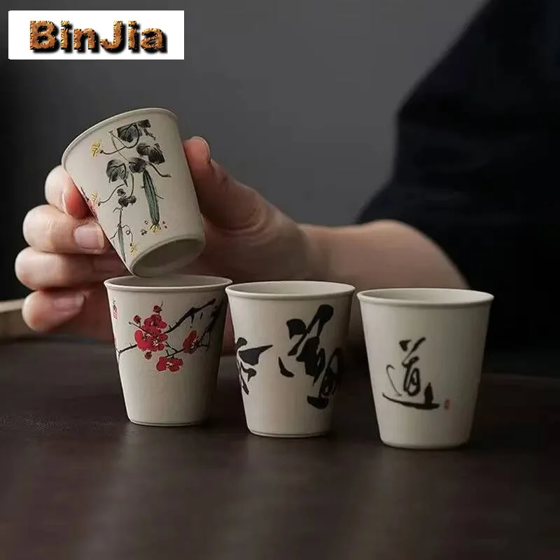 8Pcs Retro Coarse Pottery Old Section Clay Fragrant Cup Tasting Teacup Hand-Painted Frosted Master Small Mug Gift Box 40Ml