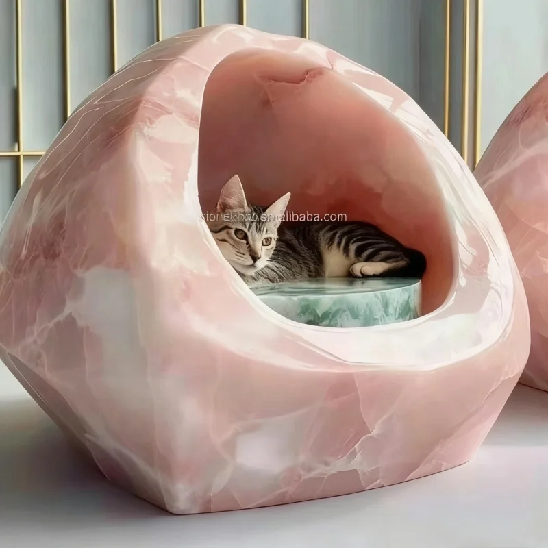 

Stonekocc Modern Nordic Luxury Bowl-shaped Natural Stone Marble Home Decor Pink Onyx Cat Pet Dog Sleeping Bed Home Furniture