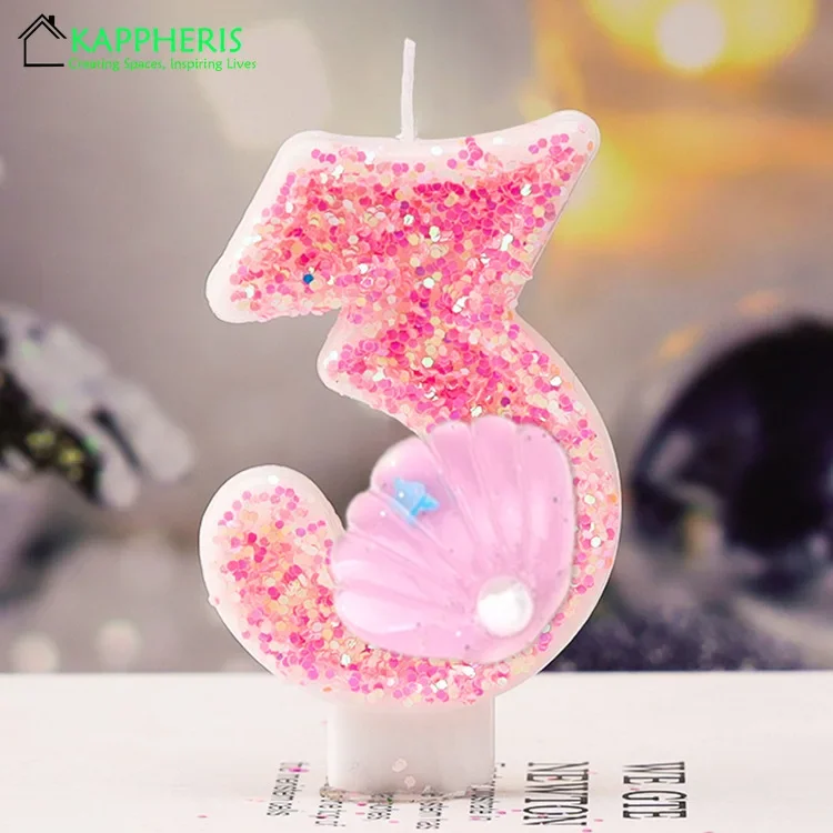 Pink Glitter Birthday Candle 1 Year Shells Sequins Children's Birthday Candles Number Cake Topper Party Decor