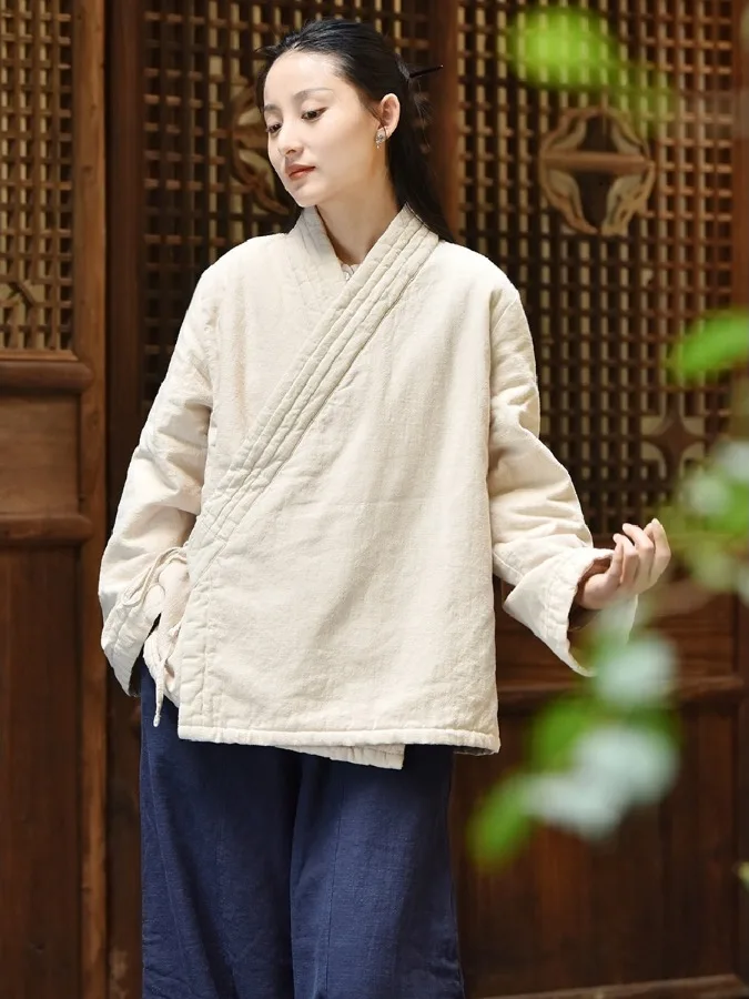 Neue chinesische Sle Damen-Teekleidung, warm, mit Fce gefüttert, Jaet-Gürtel, Zen-Meditationsrobe, Baumwollmantel, verbesserte Laienbruder...