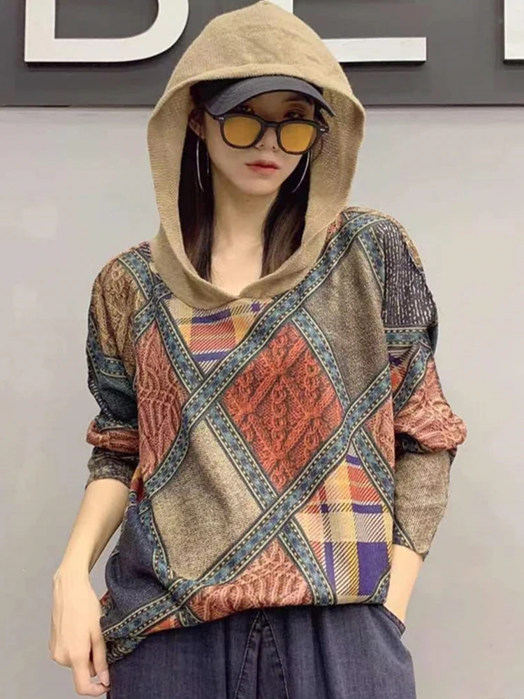 Max LuLu 2022 New Autumn Hooded Vintage Knitted Sweaters Womens Loose Harajuku Pullovers Printed Plaid Jumpers Ladies Clothes