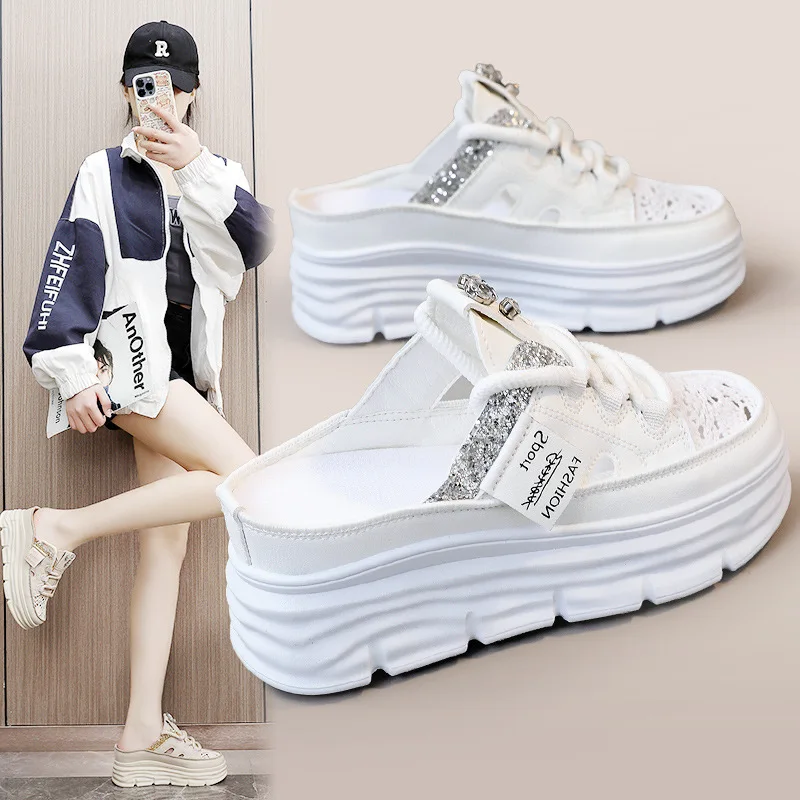 Summer New Women's Sandals Fashion Breathable Increase Baotou Semi-slippers Women Small White Shoe Sexy Dress Sandals Zapatillas