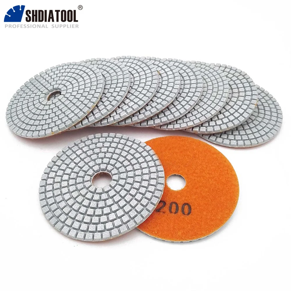 SHDIATOOL 10Pcs Dia100mm Grit 200 Professional White Diamond Wet Polishing Pads Resin Bond Sanding Discs Stone Polishing Disc
