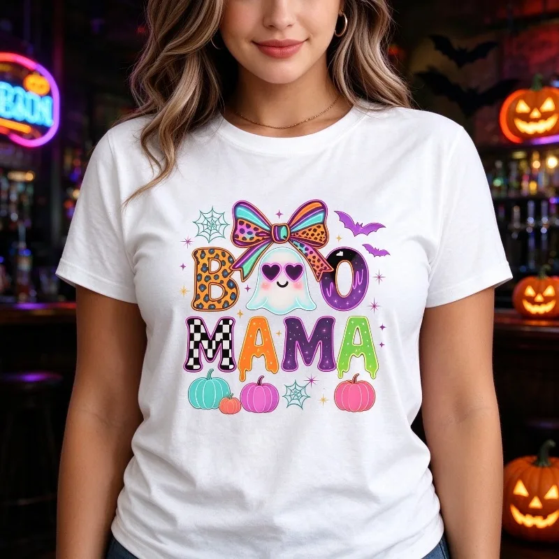 BOO MAMA Print T-Shirt Women 100% Cotton Short Sleeve Halloween Ghost Graphic Casual Top Oversized Crewneck Fall Pumpkin