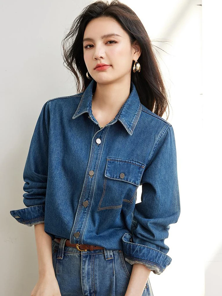 2024 Autumn New Denim Shirt Women Fashion Long Sleeve Jean Shirt Korean Casual Loose Turn-down Collar Blouses