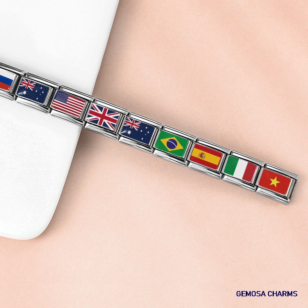 GEMOSA Fashion World National Flag Italian Charm Link Fit 9mm Bracelet Stainless Steel Bangle Making Beads DIY Jewelry