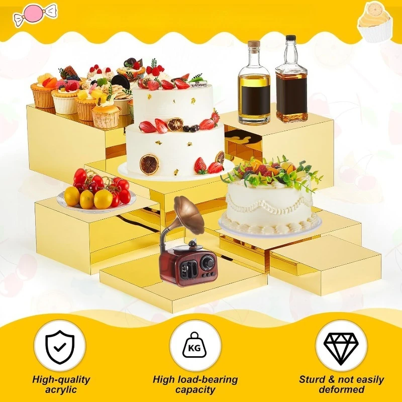 suitable for wedding parties 7-Piece gold display stand, cube box with hollow bottom inlaid acrylic bracket