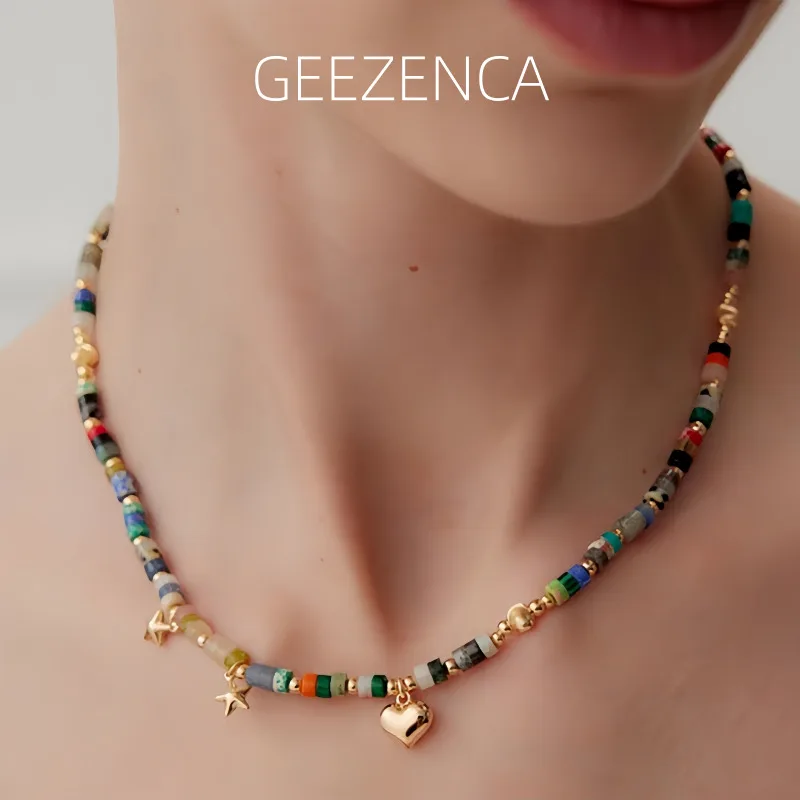 

GEEZENCA 925 Sterling Silver Multi Color Stone Beads Strand Necklace For Women 18K Gold Unique Chic Luxury Chokers Necklace Gift
