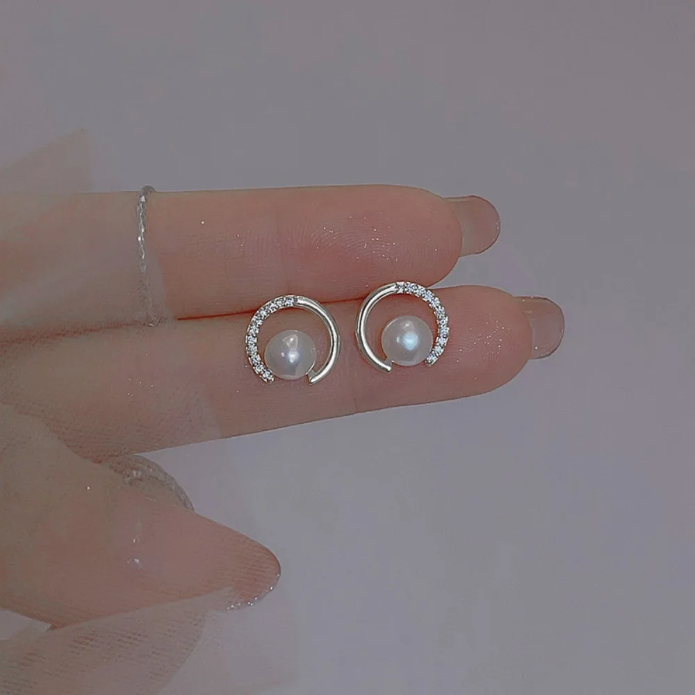 الكورية رائعة 925 فضة تألق مايكرو مطعمة الزركون قوس على شكل اللؤلؤ وأقراط للنساء العصرية مجوهرات Charm #3