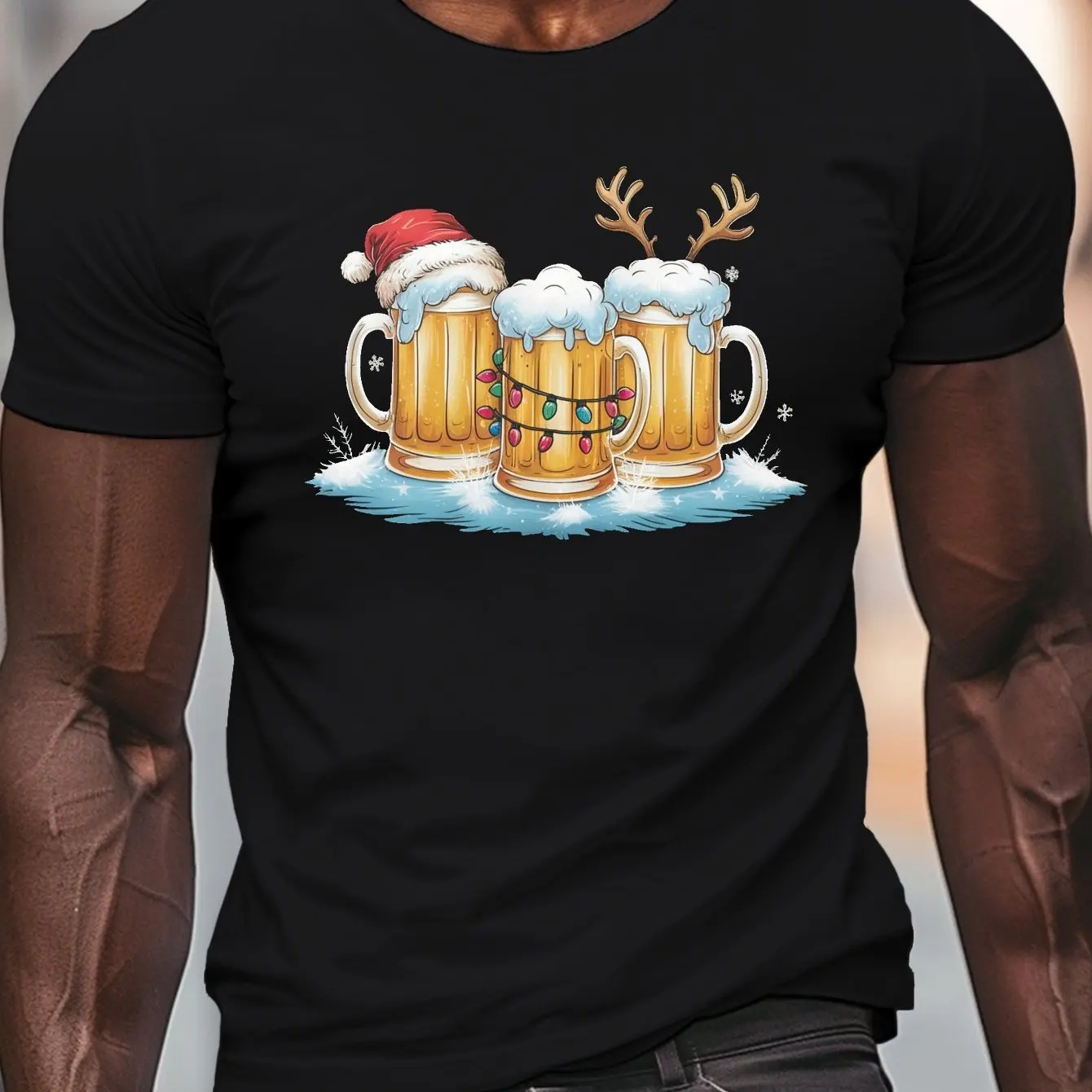 

New Year Party Beer Print Men's T-Shirts Christmas Snowman Pattern Short Sleeve Tops Men X'mas Clothing Fashion Loose Pullover