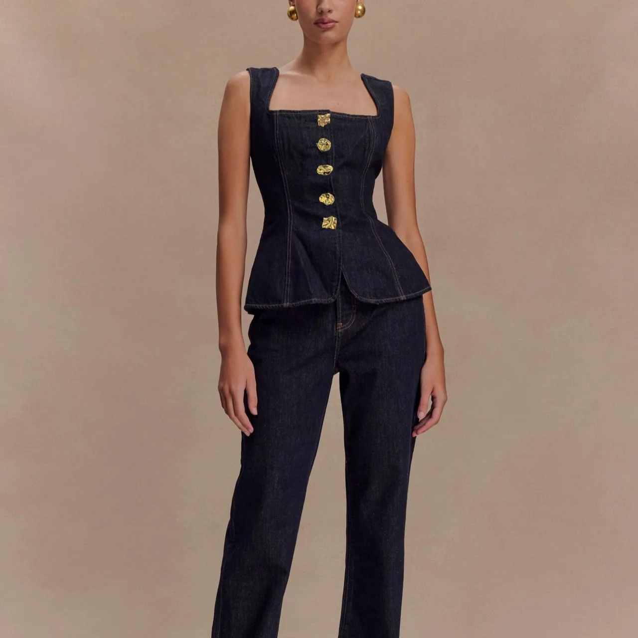 

2025 Modern Flavor Button High Waist Denim Top Pants Set European and American Women's Clothing