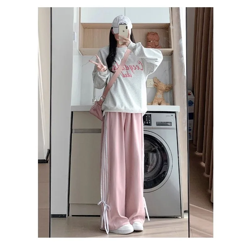 Korean White-gray Strap Sweatpants Women's Spring Summer New Design Sense Bow Straight Casual Loose Joker INS Sweat Pants Tide