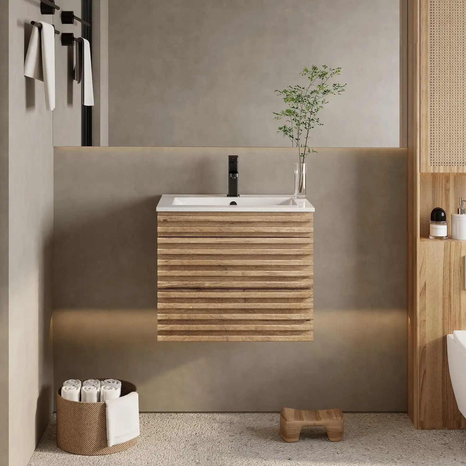 24 Inch Mid-Century Floating Bathroom Vanity with Sink Combo Wall Mounted Wood Cabinet with Drawers Wood Stripes Decor for Bathr