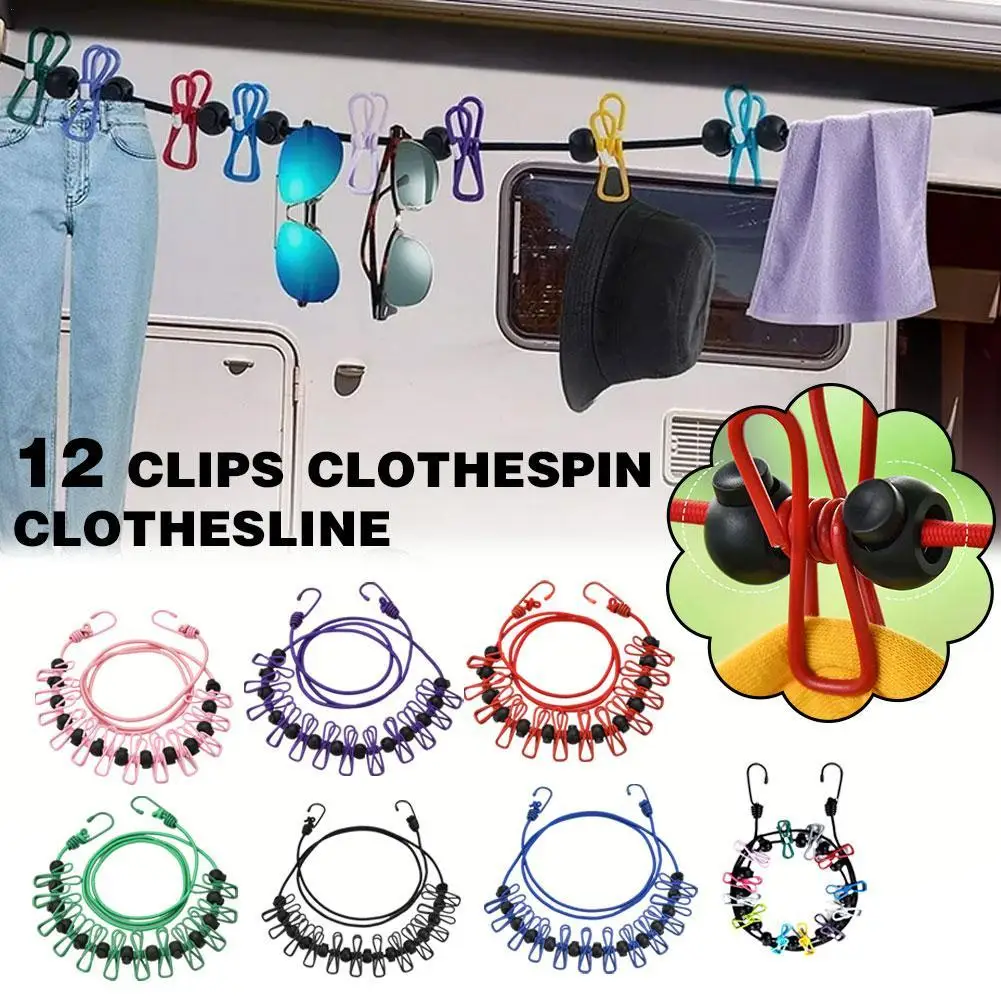 

Outdoor Camping Non-slip stretch clothesline With 12Clips Travel Stretchy Clothesline Sock Line Hanging Laundry Drying Rope