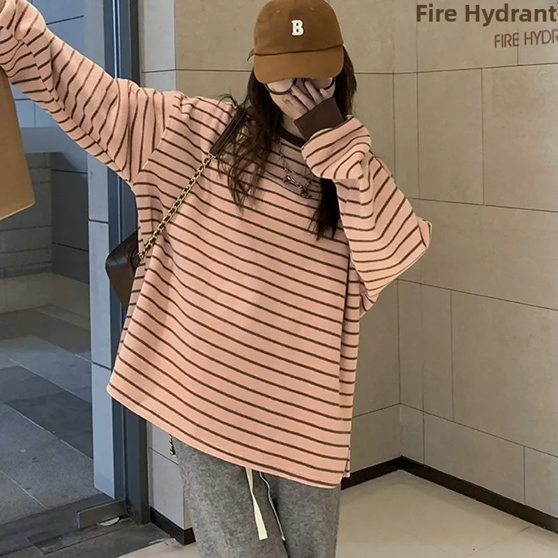 

Женская толстовка больших размеров с длинным рукавом в полоску, свободного кроя, весна-осень, тонкая, в стиле кэжуал, розового цвета, повседневная футболка