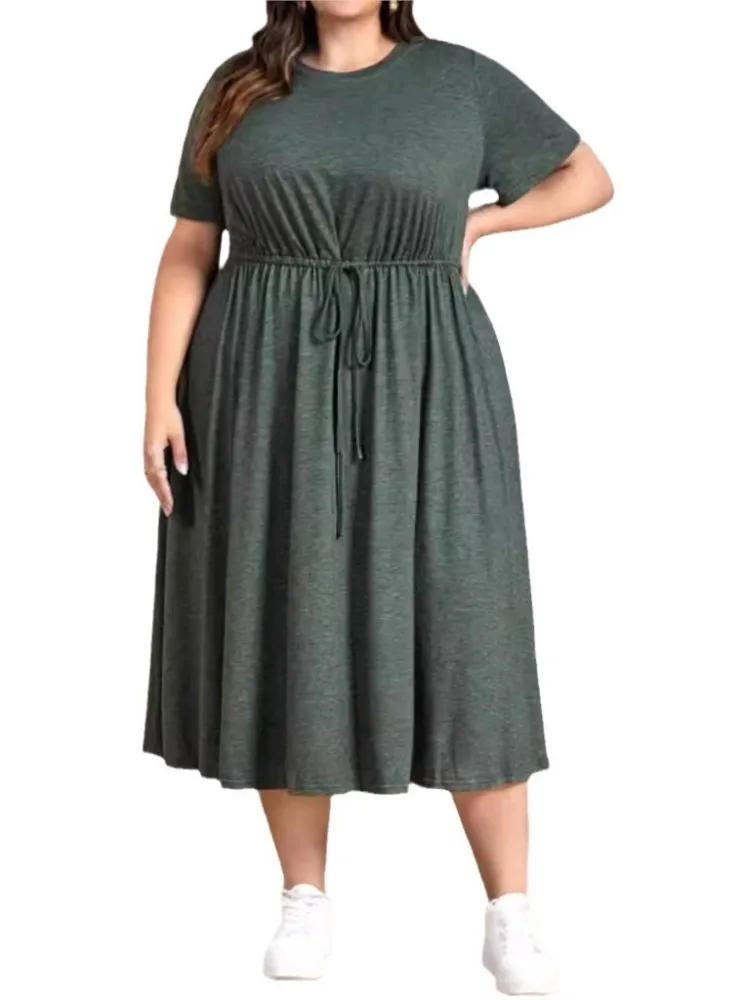 Plus Size Summer Pullover Midi Dress Women Loose Ruffle Pleated Fashion Short Sleeve Ladies Dresses Casual A-Line Woman Dress