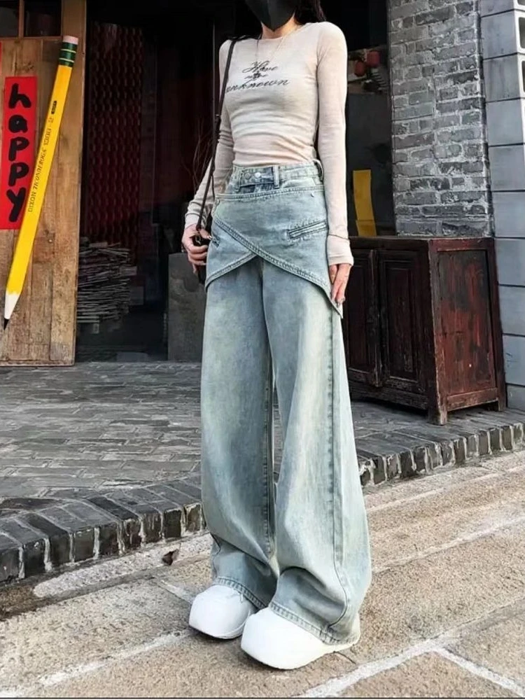 Women's High Waist Baggy Jeans Vintage Streetwear Detachable Corset Belt Wide Leg Denim Pants Layering