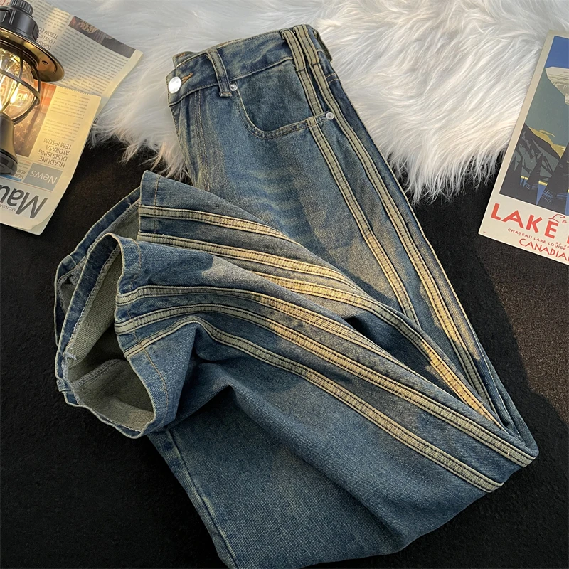

American Retro Side Stripe Jeans Men's Trendy High Street Waed Loose Wide Leg Long Pants Casual Straight Tube Trousers