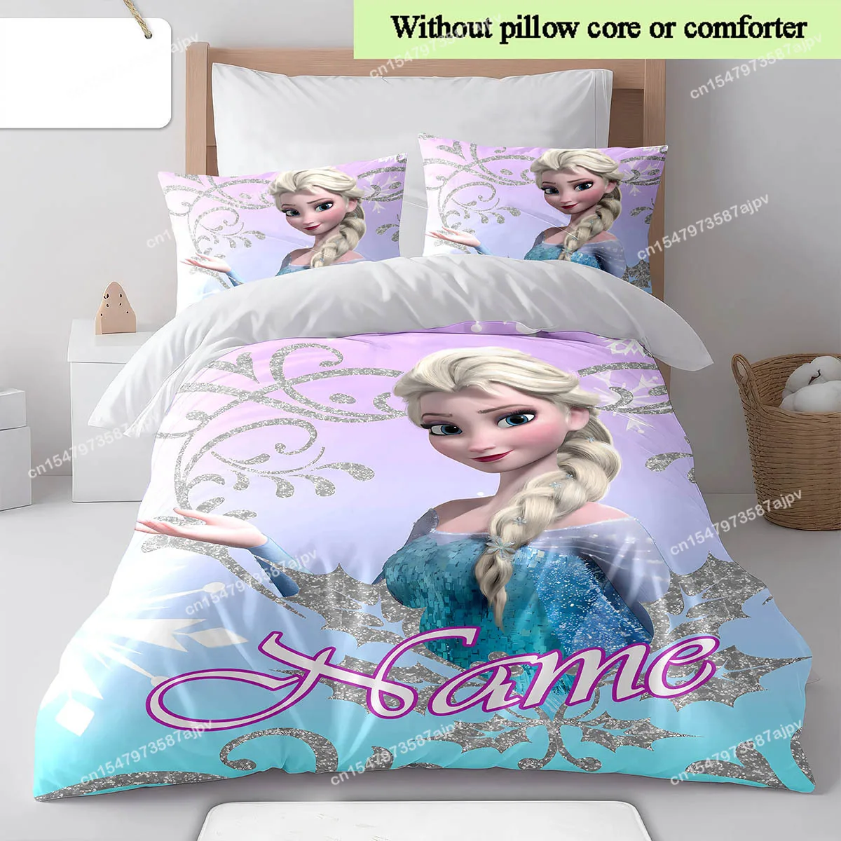 Cartoon Frozen Princess Elsa Name Custom Bedding Set Quilt Cover Children Gift (3 Piece Polyester Cover Set, Without Core)-LI