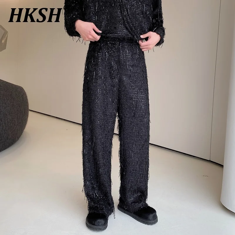 

HKSH Spring Autumn New Sequin Tassel Casual Pants Men Tide Punk Dark Trousers Korean Version Long High End Stylist Bootom HK1031