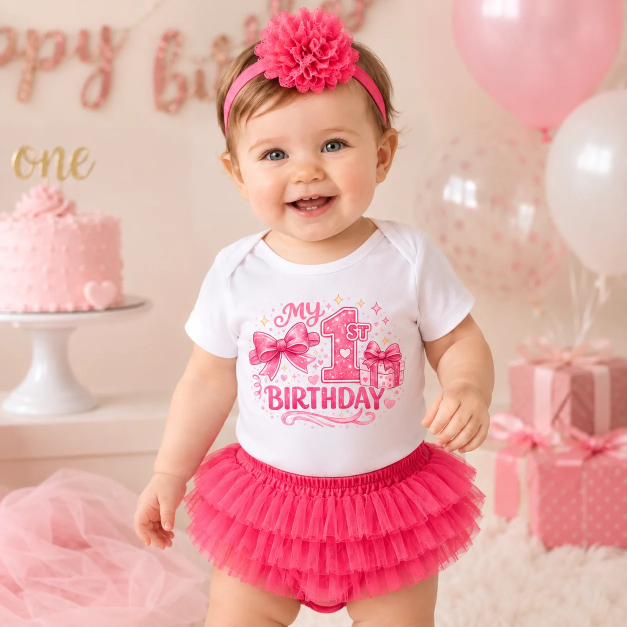 Baby Girl 1st Birthday Outfit Set My 1ST Birthday Print Romper Hot Pink Tutu Skirt Flower Headband 3Pcs Cake Smash Costume 1 Yea
