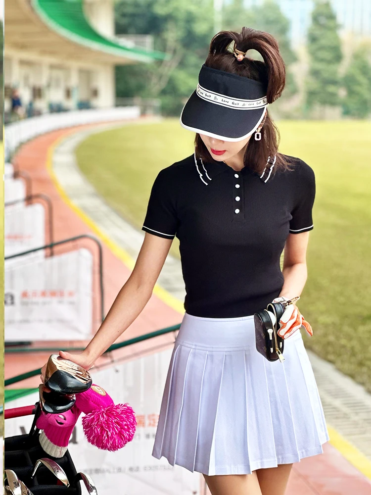 TG Golf-T-shirt tricoté à manches courtes pour femme, haut slim à revers, nouveau, été 2024