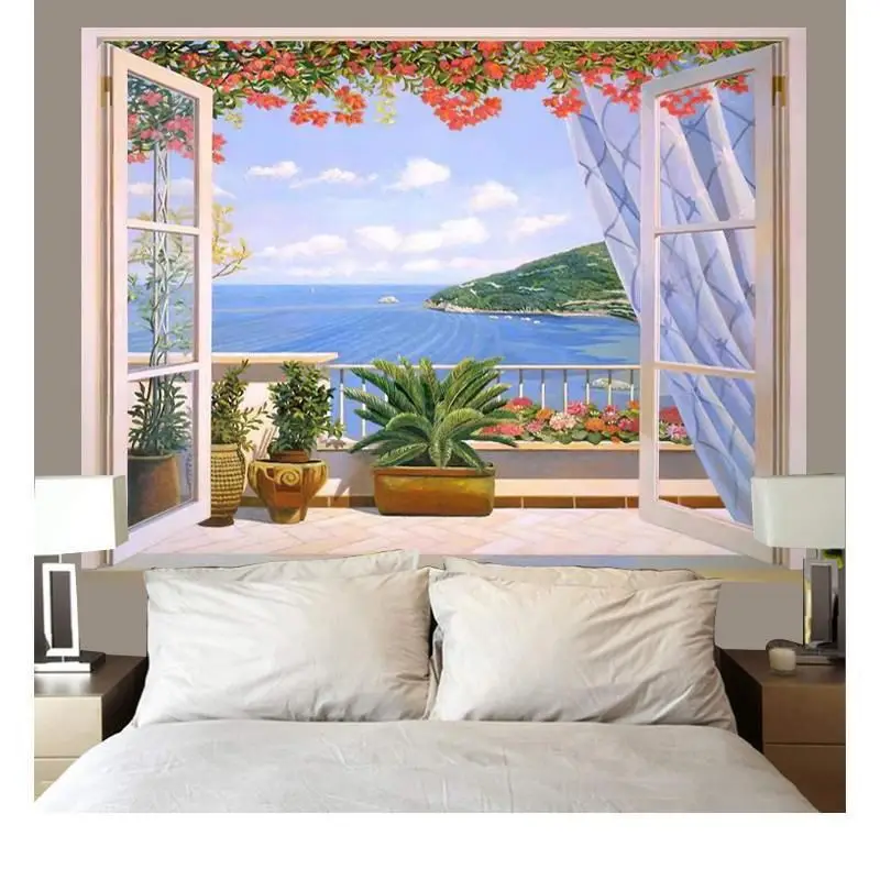 VIKAMA Window Tuscany Field Wall Tapestry Dark Frame Green Rolling Hill Cypress Tree Flower Box Rural Italy Landscape Decor Soft
