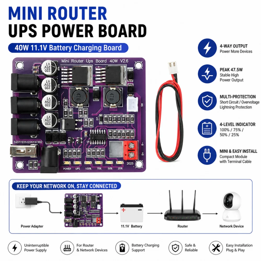 40W Battery Charging Board 4-Port Mini Router UPS Board 11.1V Power Module USB/DC Port