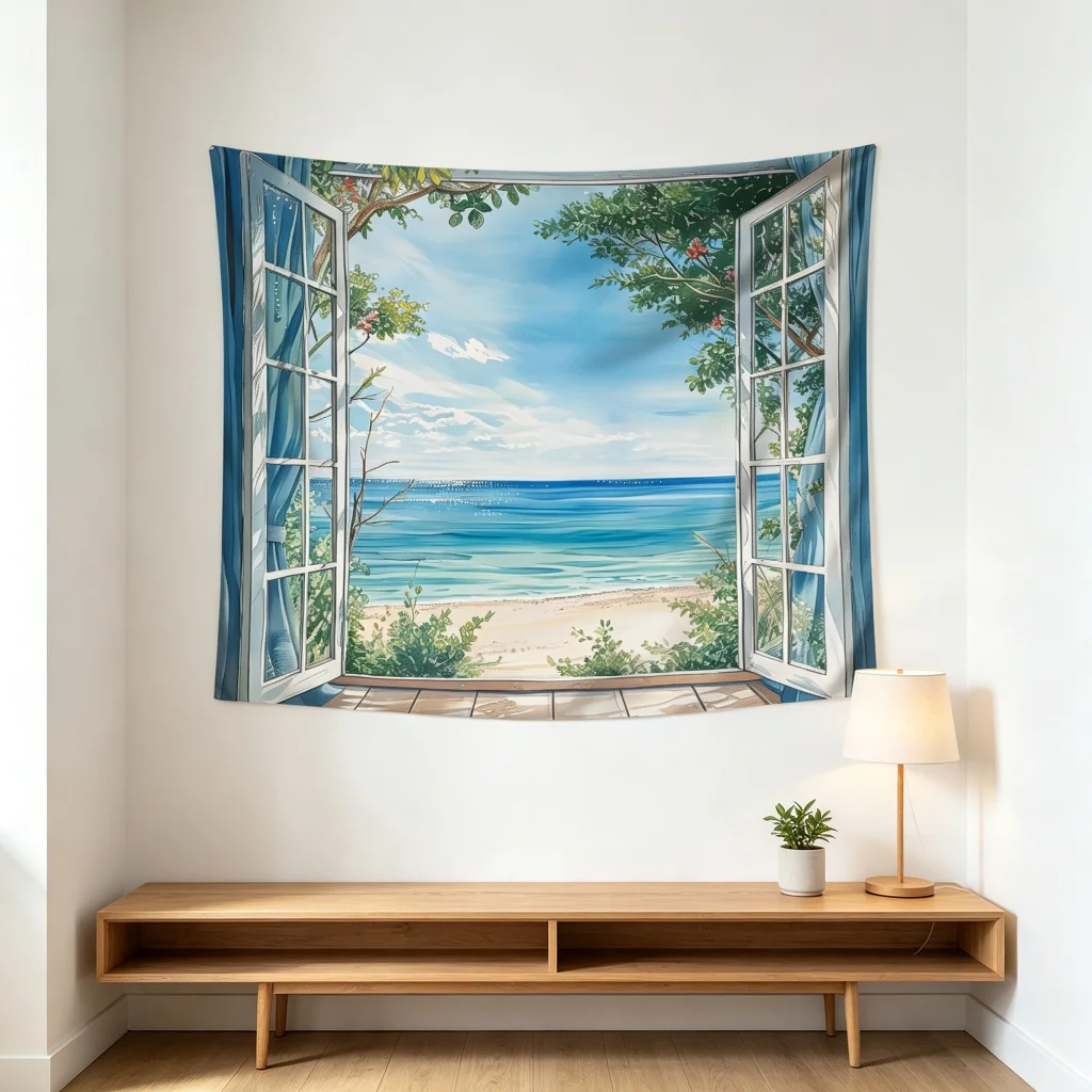 1PC Window Ocean View Print Backdrop Banner, Bedroom Living Room Photo Background, Polyester Wall Hanging, Home Decor, Wall Art