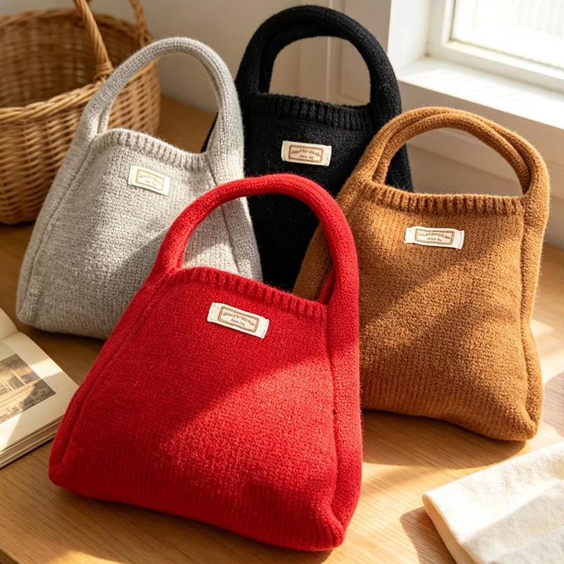 Korean Fashion Knitted Handbag Women  Small Square Bag Phone Pouch Knit Tote Wristlet Bag Female Versatile Stylish Cute Handbag