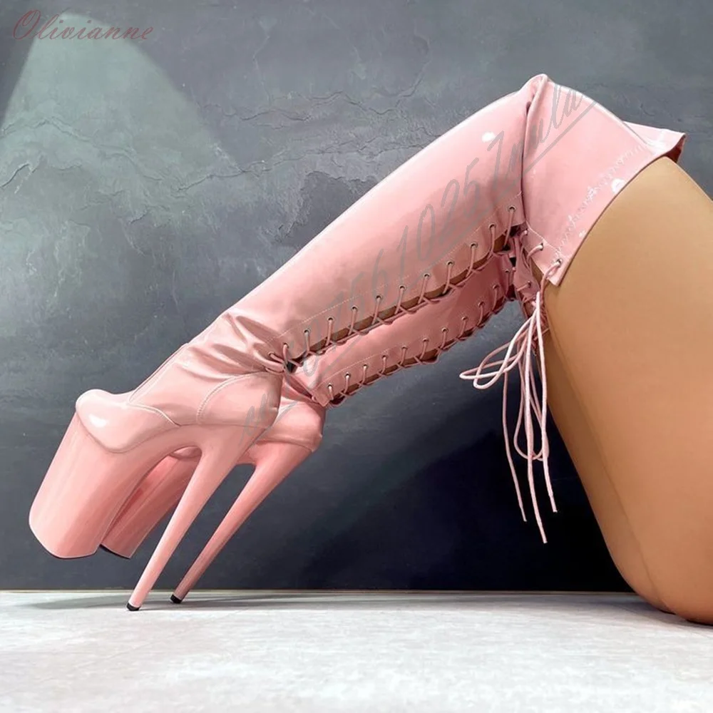 Light Pink Back Strappy Dsign Over the Knee Boots Platform Thin High Heel Fashion Sexy Shoes for Women Pole Dance Heels Sexy Hot