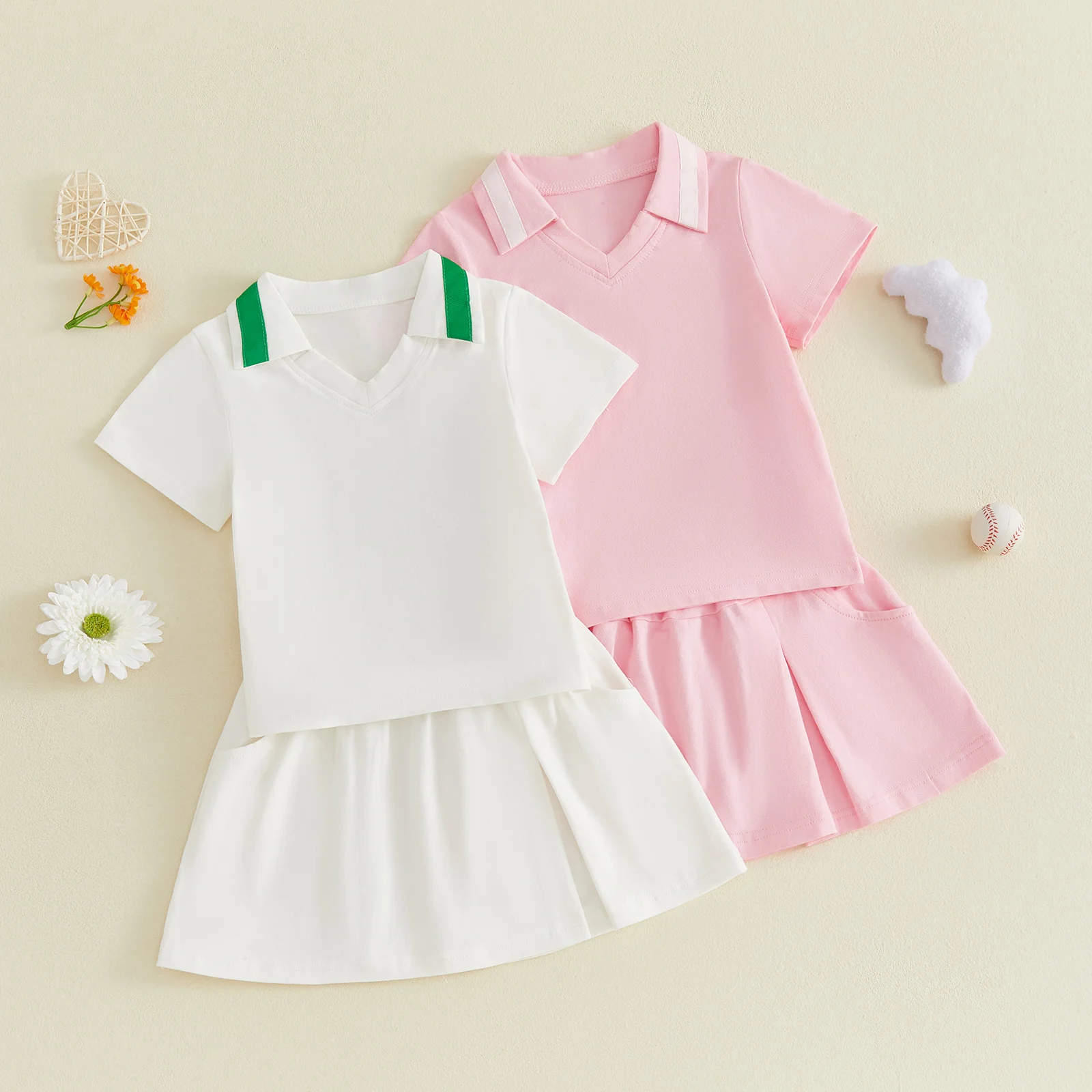 2026 Summer Toddler Girl Sports Outfits Contrast Color Collared V-Neck Short Sleeve Tops and Slit Mini Skirts 2Pcs Clothes Set