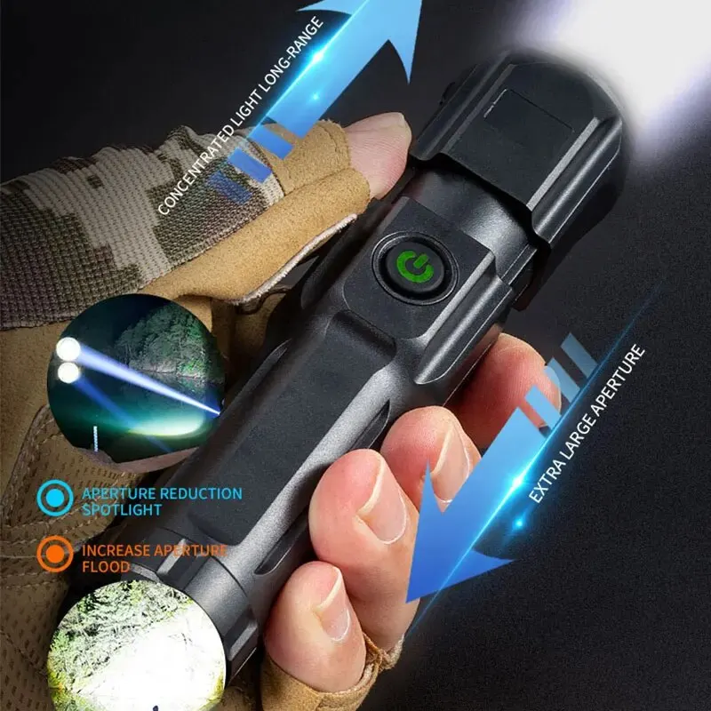 High Power LED Telescopic Zoom Flashlights USB Rechargeable Torch Built-in 18650 Waterproof Fishing HuntingTactical Flashlight