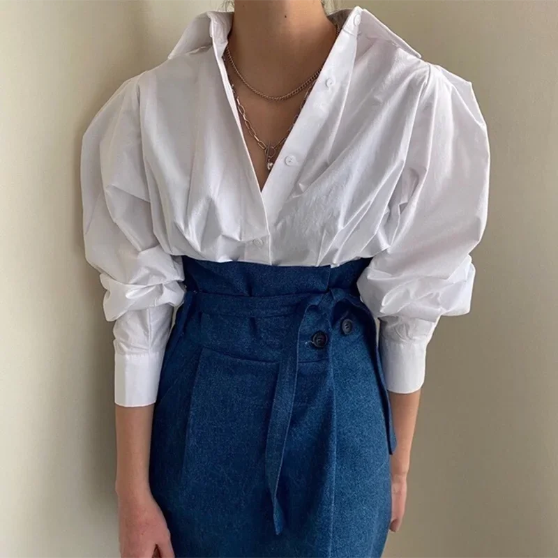 

Korean Vintage Loose White Shirt Woman 2021 Spring Puff Sleeve Button Up Ladies Office Shirts Women Casual Fashion Blouse 13615