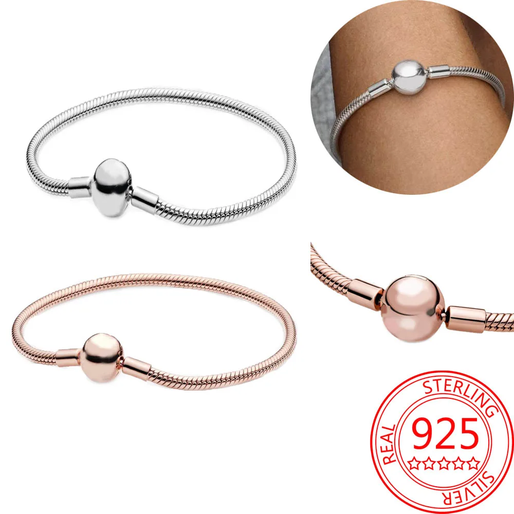 

Classics 925 Sterling Silver Smooth Bead Shaped Buckle Snake Chain Bracelet Fashionable and Versatile DIY Basic Jewelry