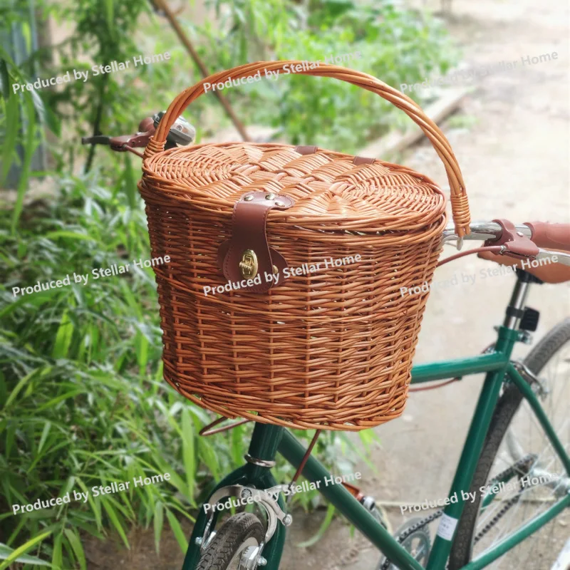 Rattan Bicycle Basket with Lid Pastoral Lady Wind Willow Shopping Portable Woven Basket