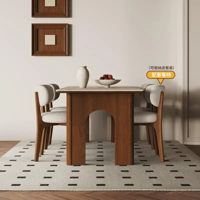 Solid wood rock slab dining table Household walnut color rectangular medium and ancient style high-end dining table
