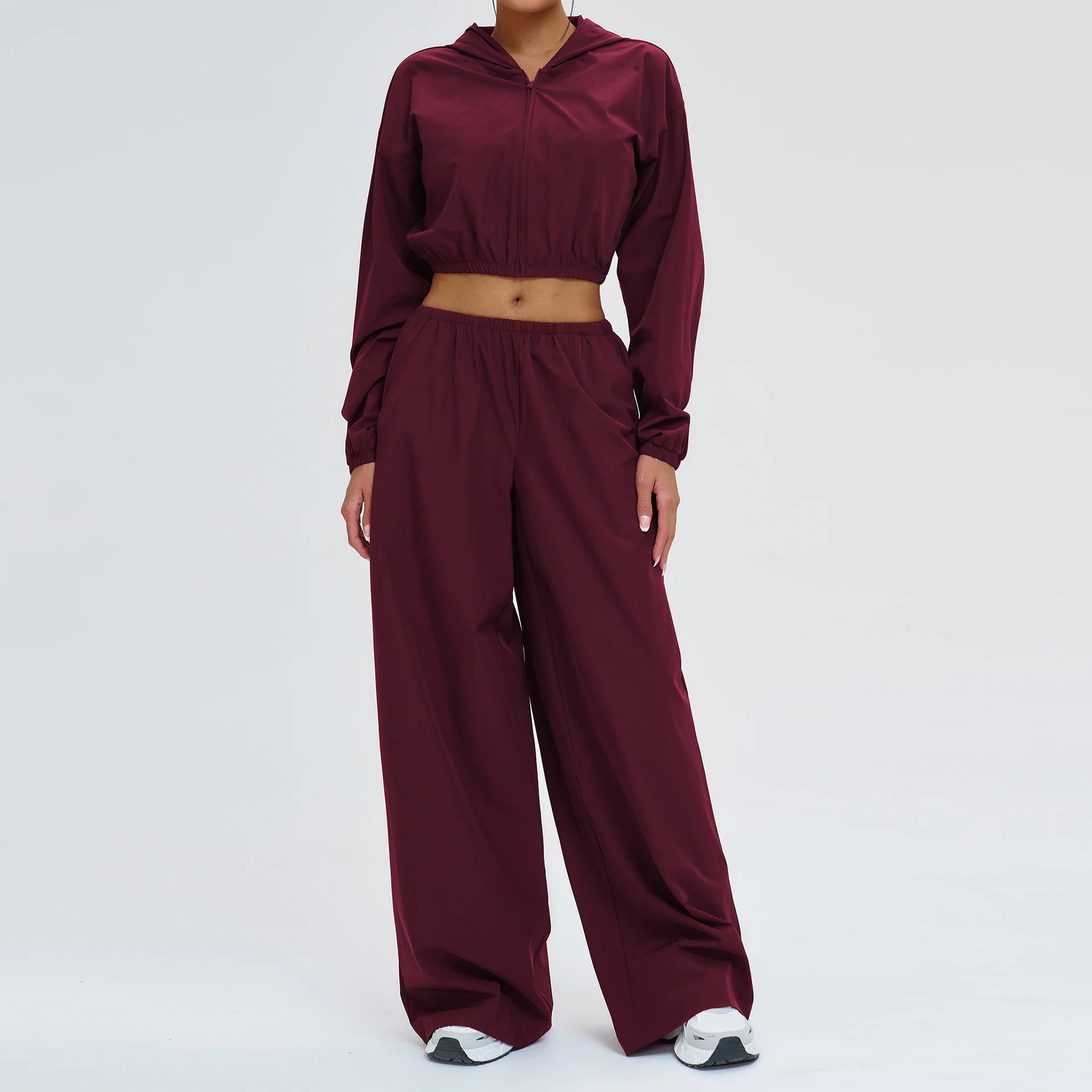 

Solid Color Sports Suit Zipper Sun-proof Hooded Jacket High Waist Wide Leg Pants Tracksuit Workout Outdoor Running Sportswear