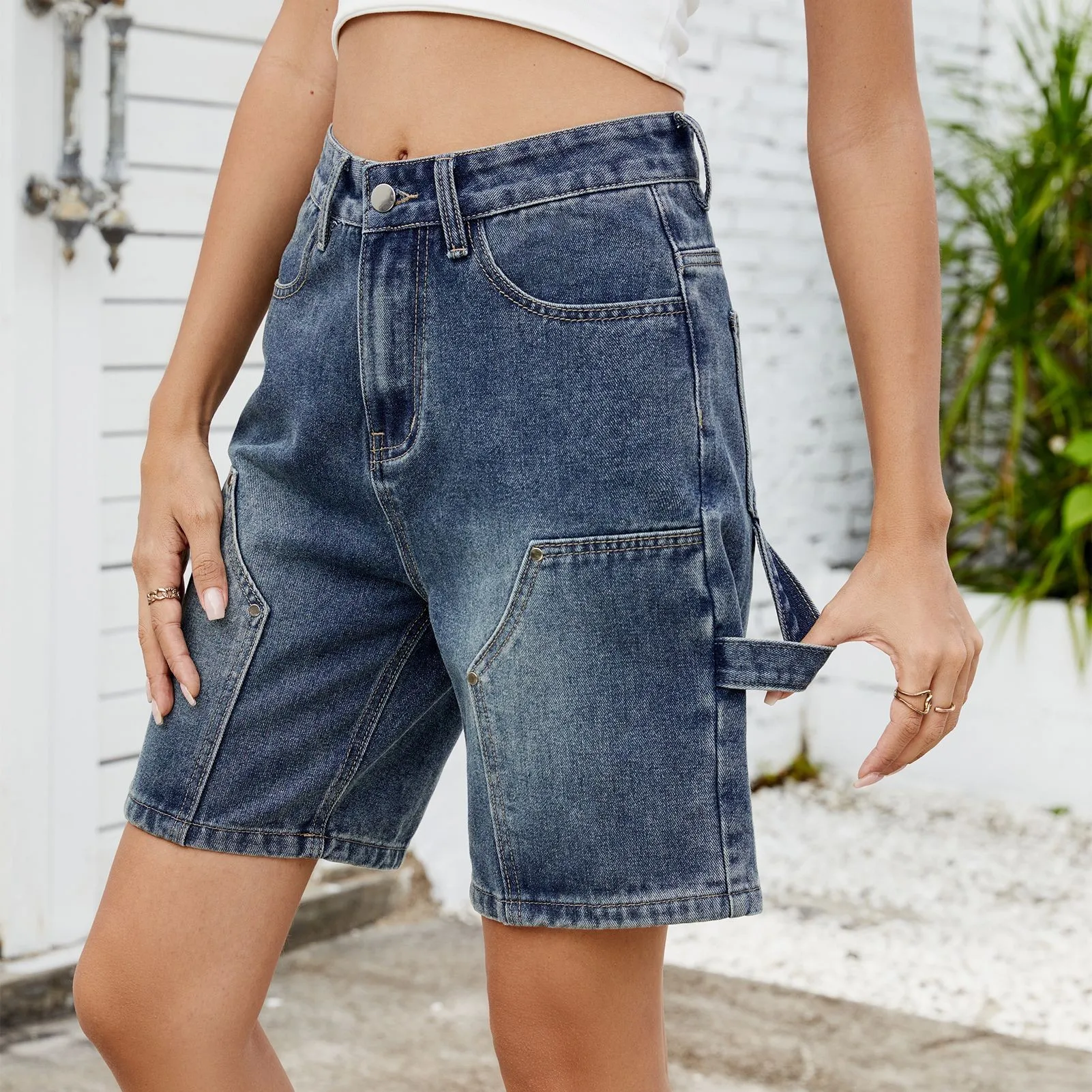 Summer Clothes Shorts Women Casual Acid Wash Denim Shorts Blue Mid Rise Jean Shorts Black Button Fly Cropped Pants Knee Length