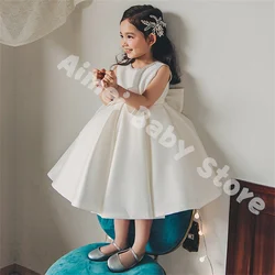 Flower Girl Dresses First Communion Dress White Sleeveless For Weddings Bow Tulle Party Little Girls Pageant Princess Dress