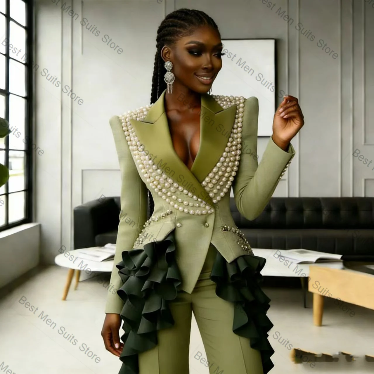 Picture 3: Pearls Green Women Suit Set 2 Pcs Blazer Pants Trousers Cotton Formal Office Jacket Customized Wedding Tuxedo Guest Coat