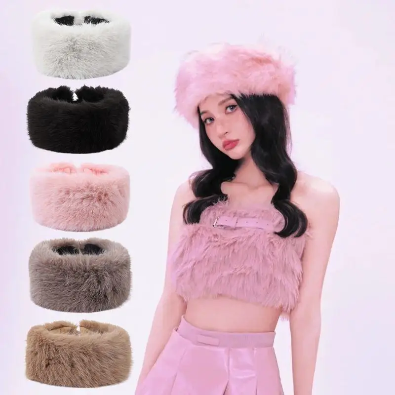 

Outdoor Windproof Ear Warmer Head Cover Ski Cap Winter Lmitation Fur Thickened Fluffy Headband Plush Solid Color Headwear