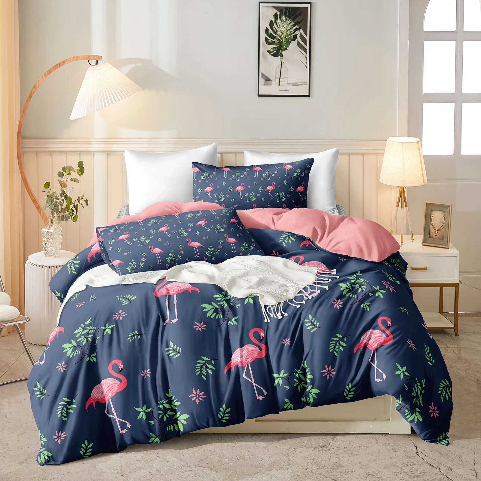 Blue Pink Flamingo Bedding Set Romantic Animal Duvet Cover Set Red Cute Floral Bedding with Pink Reversible Flower Quilt Cover