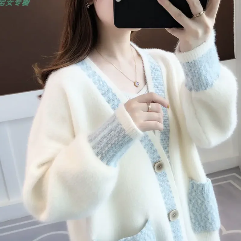Women Fuzzy Knit Cardigan V Neck Color Block Patchwork Sweater Coat Long Sleeve Button Down Pocket Loose Casual Autumn Outerwear